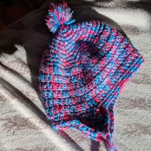 Artisan Hat Purple Blue and Pink Pom Pom Hat with Braided Tie
